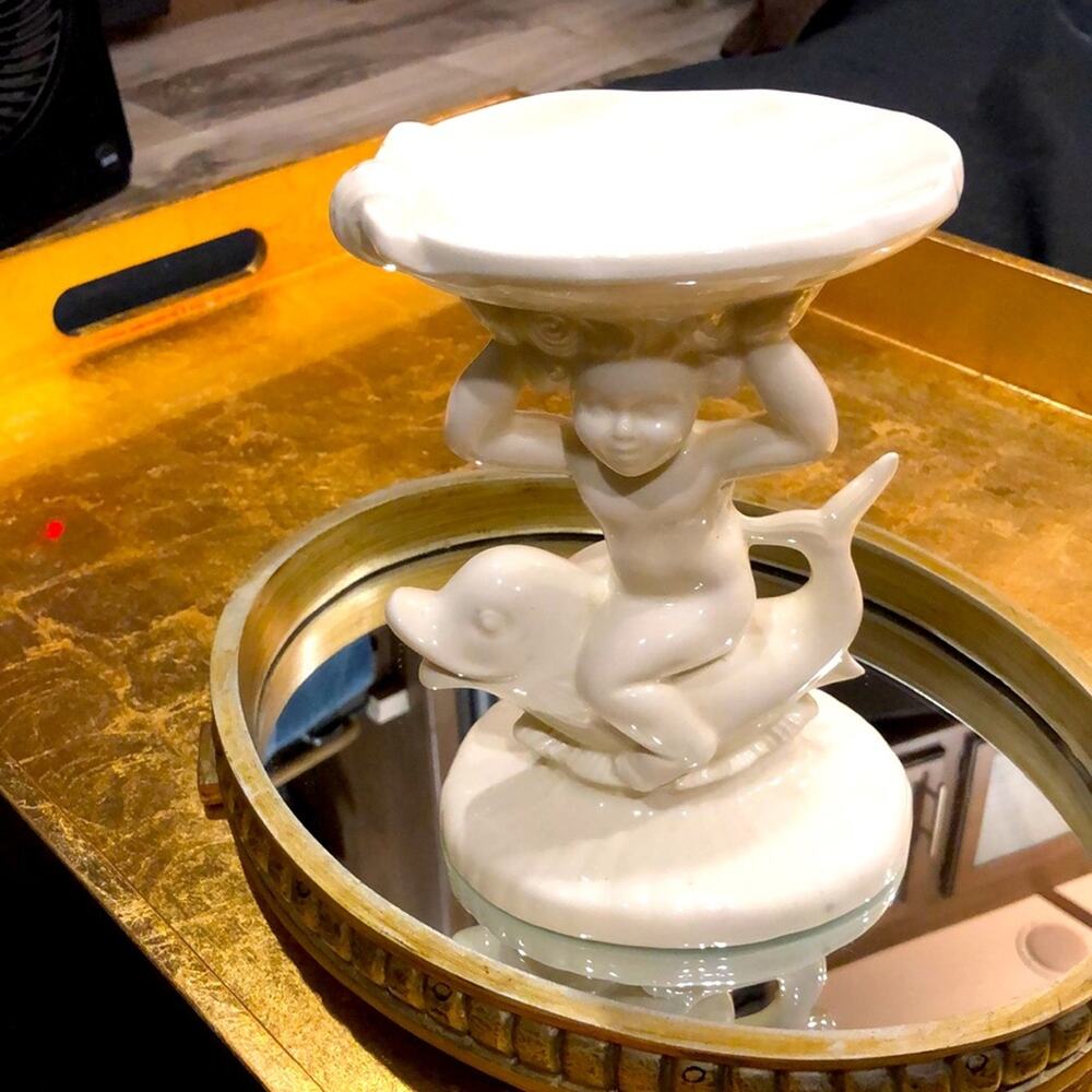 Glossy White Cherub, Dolphin Ceramic Soap Dish/Sponge Holder